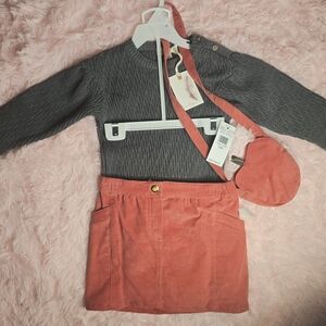 Gray Sweater and Coral Skirt Set with Bag